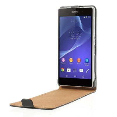 Sony Xperia Z2 klasisks ādas vertikāli atvēramais melns futrālis / Vacins.lv