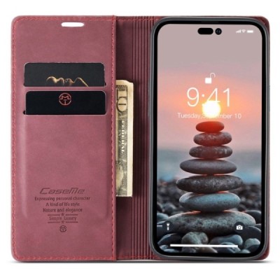 Apple iPhone 14 Pro CaseMe Retro solīds atvēramais ādas bordo maciņš - maks | Vacins.lv