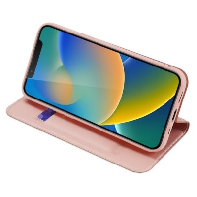 Apple iPhone 14 „Dux Ducis“ Skin sērijas rozs ādas atvērams maciņš | Vacins.lv