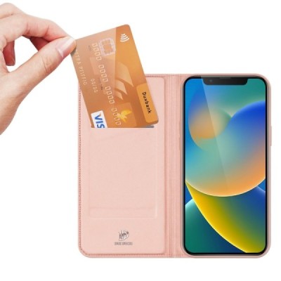 Apple iPhone 14 „Dux Ducis“ Skin sērijas rozs ādas atvērams maciņš | Vacins.lv