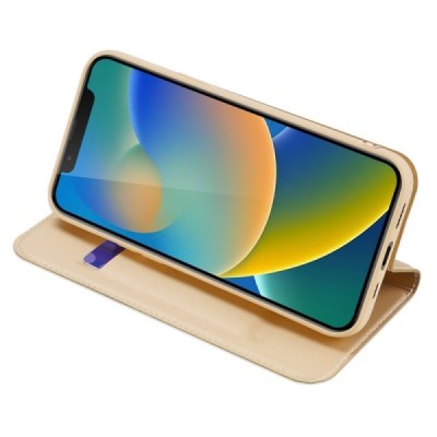 Apple iPhone 14 „Dux Ducis“ Skin sērijas zelta ādas atvērams maciņš | Vacins.lv