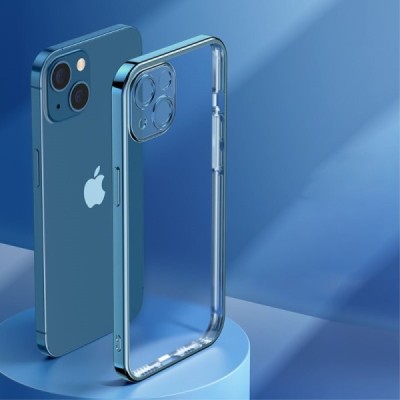 Apple iPhone 14 elegants „ROCK“ dzidrs (caurspīdīgs) silikona apvalks (apmales zilā krāsā) | Vacins.lv