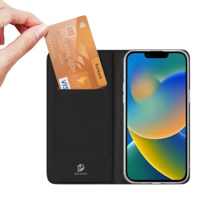 Apple iPhone 14 Plus „Dux Ducis“ Skin sērijas melns ādas atvērams maciņš | Vacins.lv