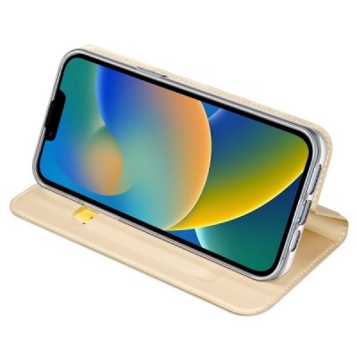 Apple iPhone 14 Plus „Dux Ducis“ Skin sērijas zelta ādas atvērams maciņš | Vacins.lv