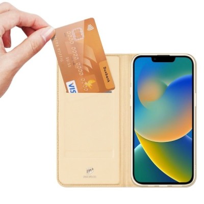 Apple iPhone 14 Plus „Dux Ducis“ Skin sērijas zelta ādas atvērams maciņš | Vacins.lv
