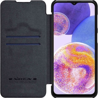 Greznais „Nillkin“ Qin sērijas ādas atvērams melns Samsung Galaxy A23 5G (SM-A236B, SM-A235F) maciņš | Vacins.lv