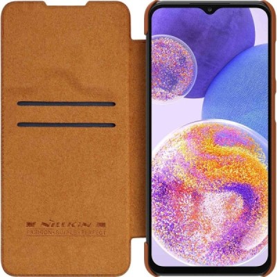 Роскошный коричневый кожаный чехол Nillkin Qin Series для Samsung Galaxy A23 5G (SM-A236B, SM-A235F) | Vacins.lv