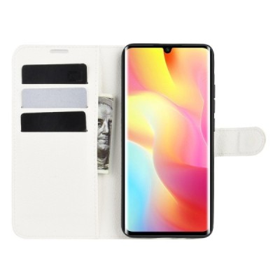 Xiaomi Mi Note 10 Lite atvēramais balts ādas Litchi maciņš (maks) | Vacins.lv