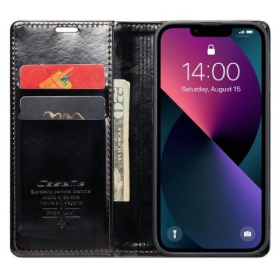 Apple iPhone 13 „CaseMe“ Leather открываемый чёрный кожаный чехол – книжка | Vacins.lv