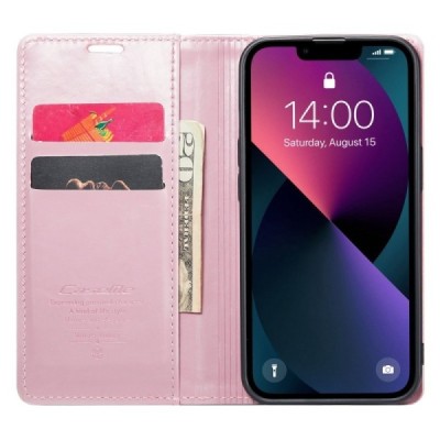 Apple iPhone 13 „CaseMe“ Leather открываемый розовый кожаный чехол – книжка | Vacins.lv