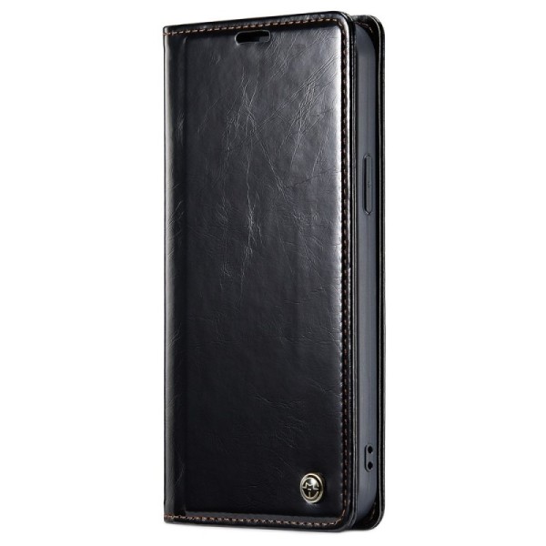 „CaseMe“ Leather solīds atvēramais ādas maciņš - melns (iPhone 13 Pro)