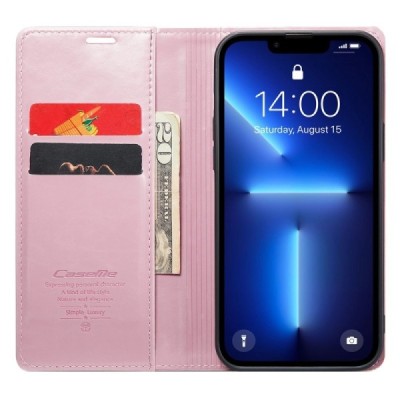 Apple iPhone 13 Pro „CaseMe“ Leather открываемый розовый кожаный чехол – книжка | Vacins.lv