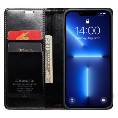 Apple iPhone 13 Pro Max „CaseMe“ Leather открываемый чёрный кожаный чехол – книжка | Vacins.lv