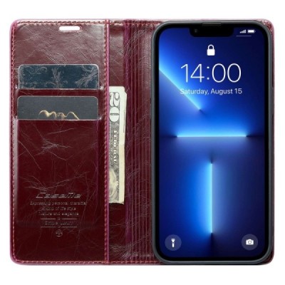 Apple iPhone 13 Pro Max „CaseMe“ Leather открываемый бордовый кожаный чехол – книжка | Vacins.lv