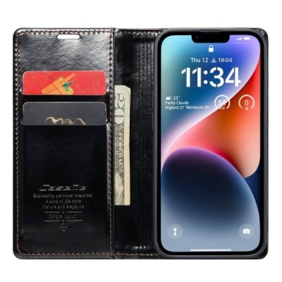 Apple iPhone 14 „CaseMe“ Leather открываемый чёрный кожаный чехол – книжка | Vacins.lv