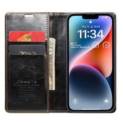 Apple iPhone 14 „CaseMe“ Leather открываемый коричневый кожаный чехол – книжка | Vacins.lv
