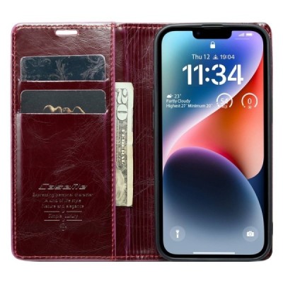 Apple iPhone 14 „CaseMe“ Leather открываемый бордовый кожаный чехол – книжка | Vacins.lv