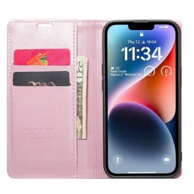 Apple iPhone 14 „CaseMe“ Leather открываемый розовый кожаный чехол – книжка | Vacins.lv