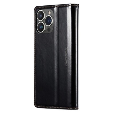 Apple iPhone 14 Pro „CaseMe“ Leather solīds atvēramais ādas melns maciņš - maks | Vacins.lv