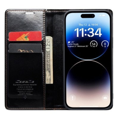 Apple iPhone 14 Pro „CaseMe“ Leather solīds atvēramais ādas melns maciņš - maks | Vacins.lv