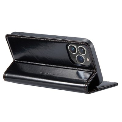 Apple iPhone 14 Pro „CaseMe“ Leather solīds atvēramais ādas melns maciņš - maks | Vacins.lv