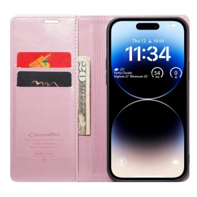 Apple iPhone 14 Pro „CaseMe“ Leather solīds atvēramais ādas rozs maciņš - maks | Vacins.lv