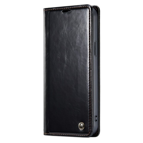 „CaseMe“ Leather solīds atvēramais ādas maciņš - melns (iPhone 14 Plus)