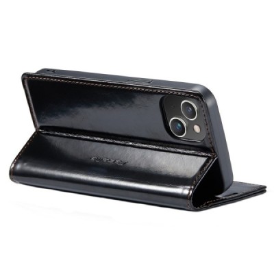 Apple iPhone 14 Plus „CaseMe“ Leather solīds atvēramais ādas melns maciņš - maks | Vacins.lv