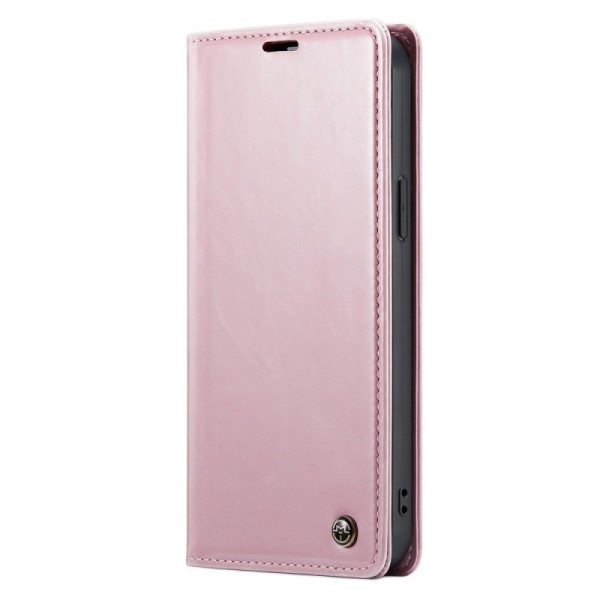 „CaseMe“ Leather solīds atvēramais ādas maciņš - rozs (iPhone 14 Plus)
