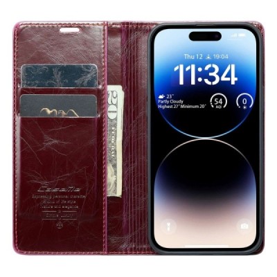 Apple iPhone 14 Pro Max „CaseMe“ Leather открываемый,бордового цвета, кожаный чехол – книжка | Vacins.lv