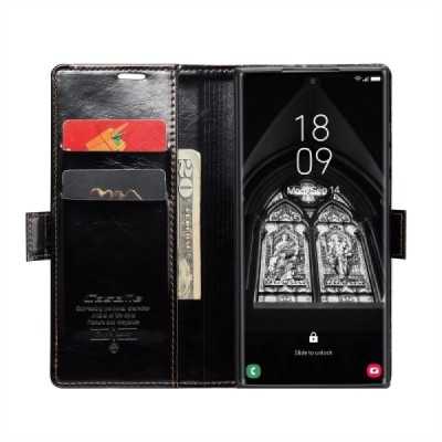 Samsung Galaxy S23 Ultra (SM-S918) „CaseMe“ Leather открываемый чёрный кожаный чехол - книжка | Vacins.lv