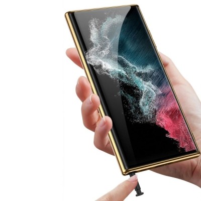 Samsung Galaxy S23 Ultra (SM-S918) GKK Luxury чёрный чехол - задняя часть окантована золотом | Vacins.lv