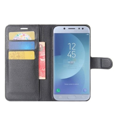 Samsung Galaxy J3 2017 (J330) „Litchi“ atvēramais ādas melns maciņš (maks) | Vacins.lv