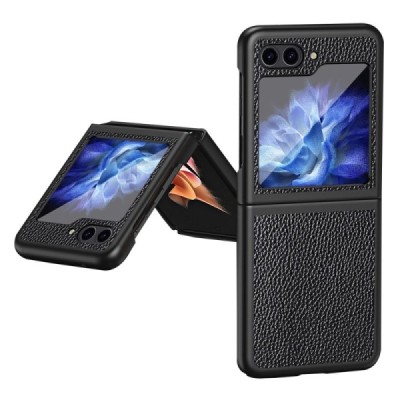 Samsung Galaxy Flip5 5G (SM-F731B) Deluxe Leather кожаный чехол - чёрный | Vacins.lv