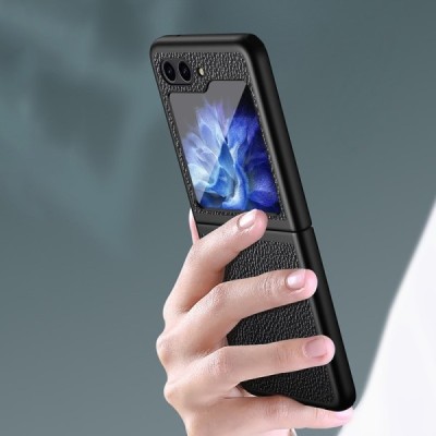 Samsung Galaxy Flip5 5G (SM-F731B) Deluxe Leather кожаный чехол - чёрный | Vacins.lv