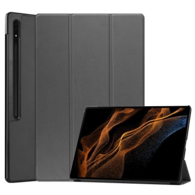Samsung Galaxy Tab S10 Ultra, S9 Ultra, S8 Ultra серый кожаный чехол-книжка (складной) | Vacins.lv