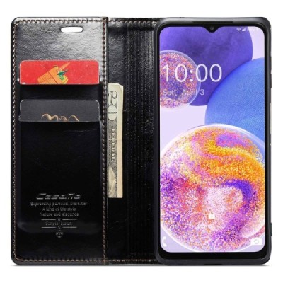 Samsung Galaxy A23 5G (SM-A236B, SM-M236B, SM-E236B) „CaseMe“ Leather solīds atvēramais ādas melns maciņš - maks | Vacins.lv