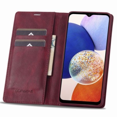 „Lc.Imeeke“ Samsung Galaxy A14 5G (SM-A146B, SM-A145F) открываемый бордовый кожаный чехол - книжка | Vacins.lv
