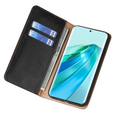 Твердый Huawei Honor Magic 5 Lite черный кожаный чехол-книжка | Vacins.lv