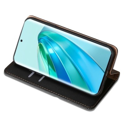 Твердый Huawei Honor Magic 5 Lite черный кожаный чехол-книжка | Vacins.lv