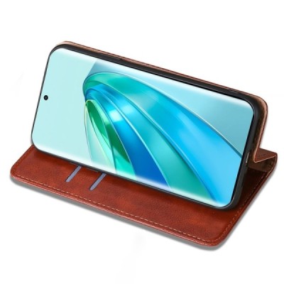 Твердый Huawei Honor Magic 5 Lite коричневый кожаный чехол-книжка | Vacins.lv