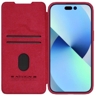 Greznais „Nillkin“ Qin Pro sērijas ādas atvērams sarkans Apple iPhone 15 maciņš | Vacins.lv
