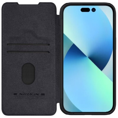 Greznais „Nillkin“ Qin Pro sērijas ādas atvērams melns Apple iPhone 15 Plus maciņš | Vacins.lv