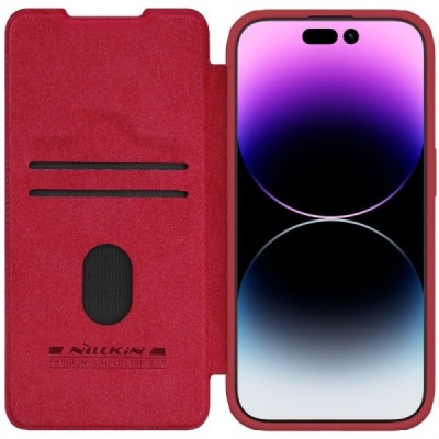 Greznais „Nillkin“ Qin Pro sērijas ādas atvērams sarkans Apple iPhone 15 Pro Max maciņš | Vacins.lv