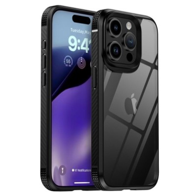 Apple iPhone 15 Pro elegants „IPAKY“ Fiber dzidrs (caurspīdīgs) silikona apvalks (apmales melnā krāsā) | Vacins.lv