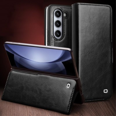 Samsung Galaxy Fold5 5G (SM-F946B) „QIALINO“ открываемый чёрный кожаный чехол - книжка | Vacins.lv