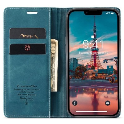 Apple iPhone 15 Pro CaseMe Retro solīds atvēramais ādas zaļš maciņš - maks | Vacins.lv