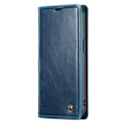 Apple iPhone 15 Plus „CaseMe“ Leather solīds atvēramais ādas zils maciņš - maks | Vacins.lv