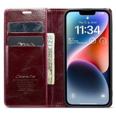 Apple iPhone 15 Plus „CaseMe“ Leather открываемый,бордового цвета, кожаный чехол – книжка | Vacins.lv