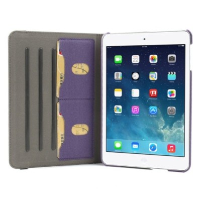 Apple iPad Mini 1 / 2 / 3 atvēramais violets ādas futrālis, grozās 360° grādu apjomā / Vacins.lv